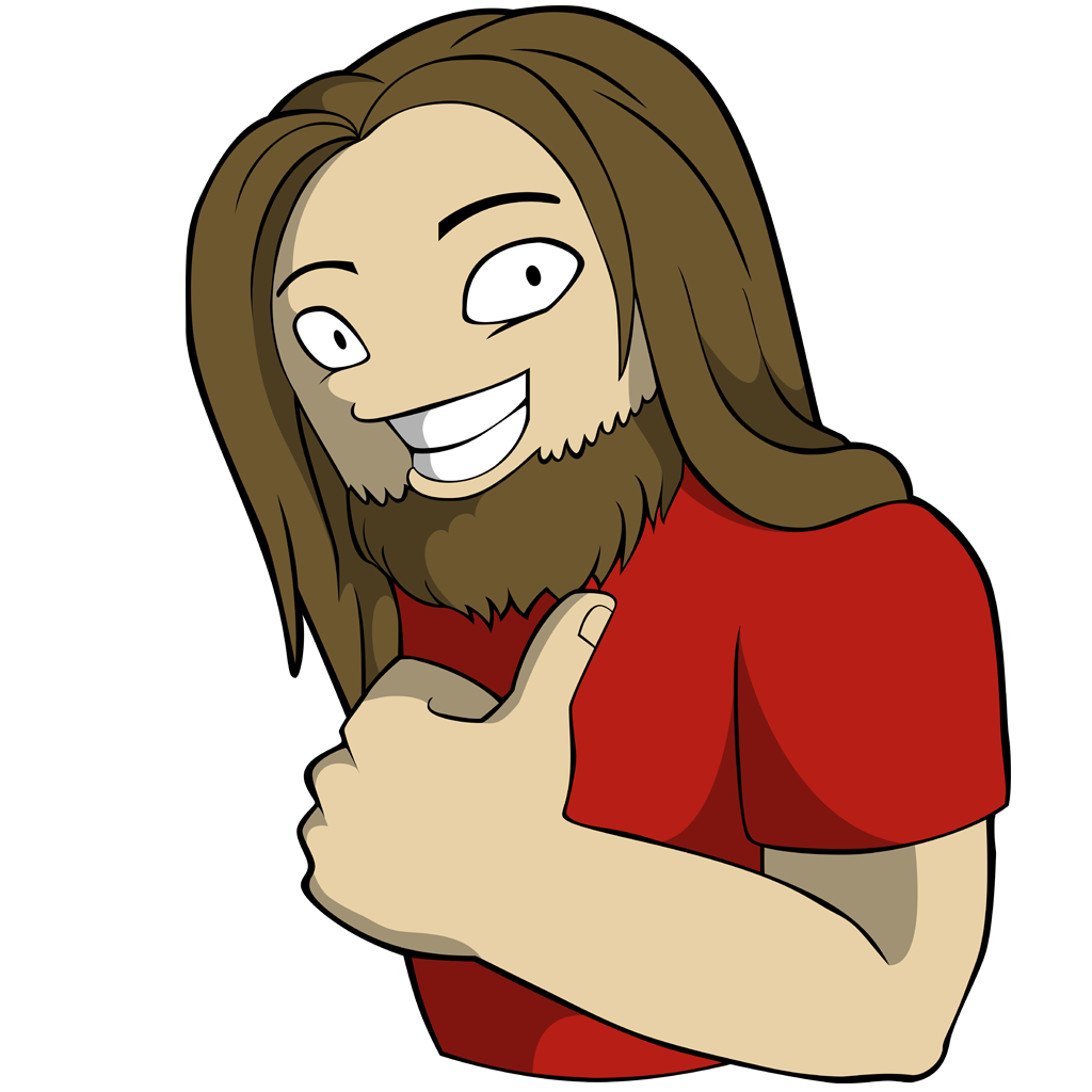 BeardyMike's Logo, a cartoon version of his head and shoulders. He has long brown hair and full beardy, he smiling and giving a thumbs up.